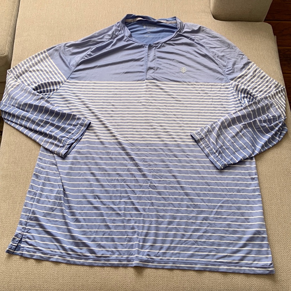 Coolibar Mens XXL UPF 50+ Powder Blue White Striped 3/4 Sleeve Pullover
